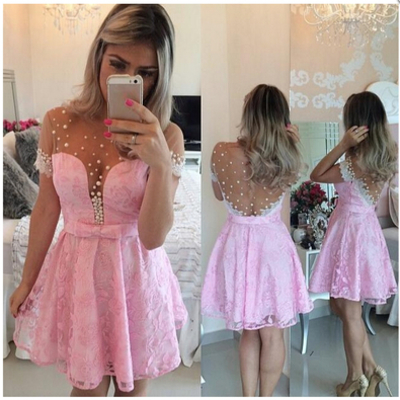 Pink homecoming dress,lace homecoming dress,cute homecoming dress,new fashion homecoming dress,short prom dress - 183