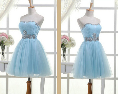 Light Sky Blue Homecoming Dress,Short Prom Dresses,Homecoming Gowns,Fitted Party Dress,Silver Beading Prom Dresses,Sparkly Cocktail Dress - 187