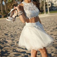 White Homecoming Dresses,Tulle Homecoming Dress,2 Pieces Prom Gown,Two Piece Cocktail Dresses - 143 - Thumbnail 1