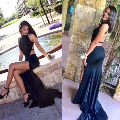 Sexy backless black prom dress,long high neck prom dresses,side slit prom dress,l79 - 220