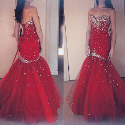 Red mermaid beading custom made charming prom dress,lace-up formal dresses,long evening dresses on sale,t56 - 349