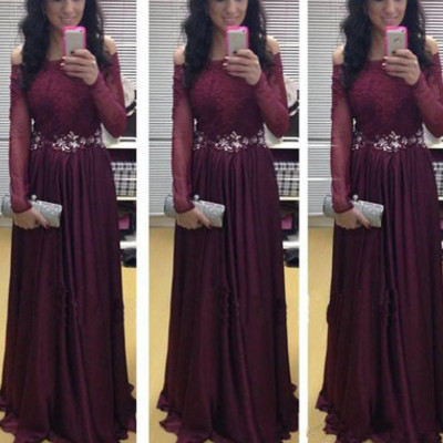 Long sleeve lace a-line prom dresses,long evening dresses,prom dresses on sale, t113 - 386
