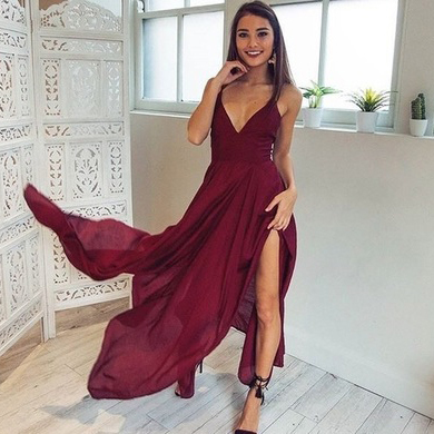 Sexy V-neck Long Chiffon Prom Dresses,Sleeveless Burgundy Prom Dress with Slit,L90 - 209