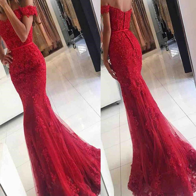 Lace mermaid off shoulder red prom dresses,charming evening dress,sexy prom dress,l85 - 221