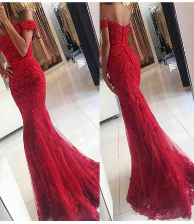 Lace Mermaid Off Shoulder Red Prom Dresses,Charming Evening Dress,Sexy prom dress,L85 - 221
