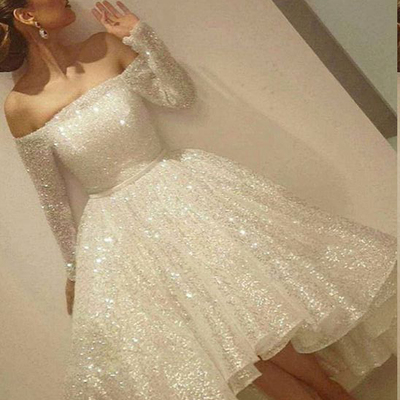 Noble sparkle white sequined lace prom dress,sexy off the shoulder long sleeves party dress,l86 - 219