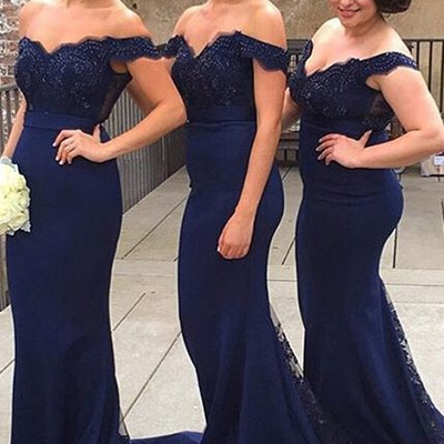 Mermaid off shoulder lace navy blue bridesmaid dress,satin prom dresses,l84  - 459