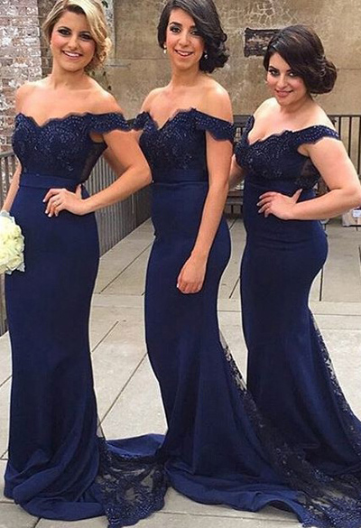 Mermaid Off Shoulder Lace Navy Blue Bridesmaid Dress,Satin Prom Dresses,L84  - 459