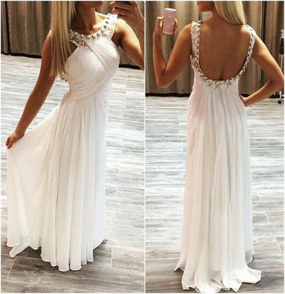 White Elegant Sleeveless Beading Halter Long Prom Dress/Evening Dress - 310