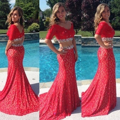 Two pieces red lace prom dresses,long evening dresses,prom dresses on sale, t149 - 400