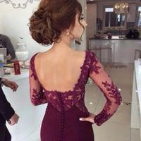 Elegant Long Sleeves Appliques Top Court Train Long Prom Burgundy - 323 - Thumbnail 1