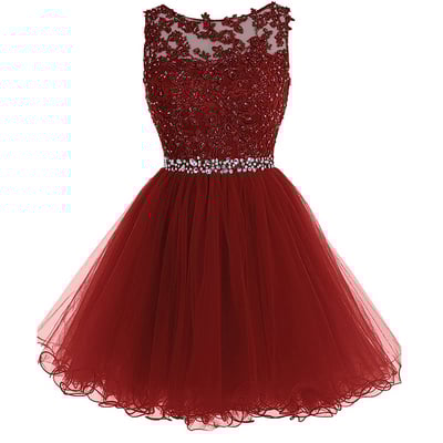 Maroon lace knee length prom dress,homecoming dresses - Thumbnail 4
