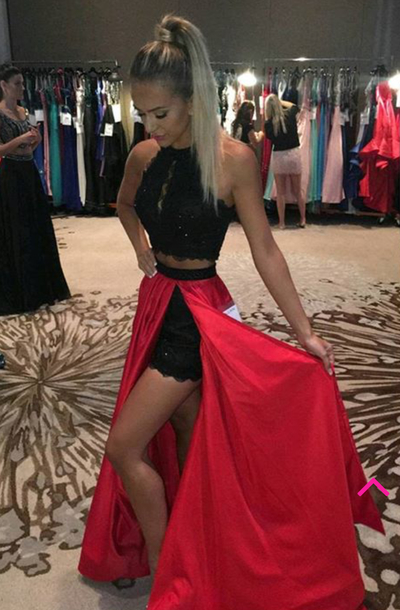 Stylish 2 pieces black and red prom dress,red evening dresss