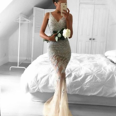 Mermaid v neck lace beading long prom dress,formal dress