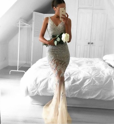 Mermaid v neck lace beading long prom dress,formal dress
