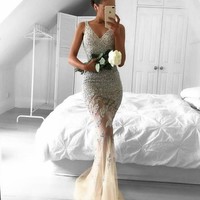 Mermaid v neck lace beading long prom dress,formal dress - Thumbnail 1