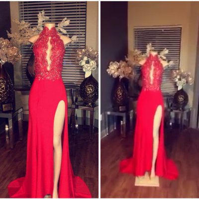  mermaid red  lace long prom dress,red formal dress