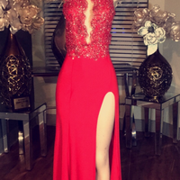  Mermaid red  lace long prom dress,red formal dress - Thumbnail 1