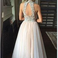 Sexy Luxury Bling Sparkle Two Pieces Prom Dress Light Pink Beaded Open Back Long 2 Piece Prom Dresses - Thumbnail 1