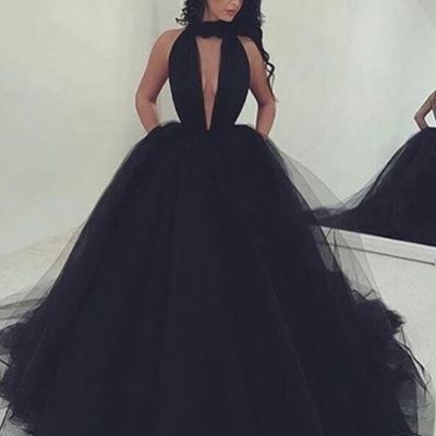 Sexy prom dress a-line black deep v-neck evening dress tulle long prom dresses evening gown