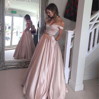 Sexy prom dress evening dress a-line off the shoulder light pink beaded sash long prom dresses evening gown