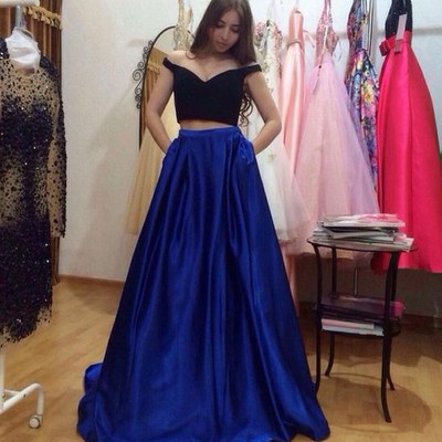 Black and blue 2 pieces long prom dress,formal dresses