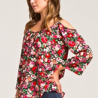 Floral Open Shoulder Boho Top - Thumbnail 1