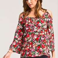 Floral Open Shoulder Boho Top - Thumbnail 2