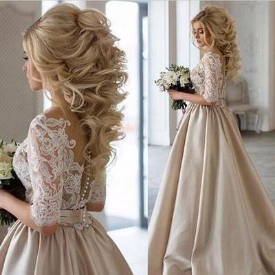 Champagne satin lace long prom dress,champagne evening dresses - Thumbnail 4