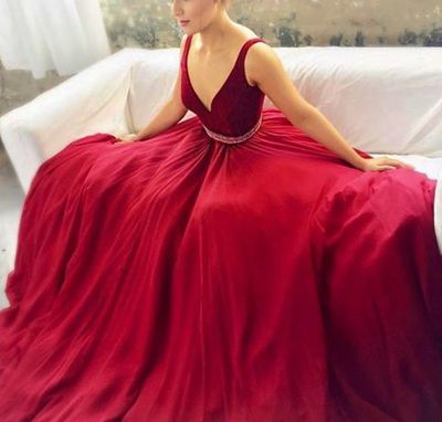 Amazing red v neck long prom dress,red evening dresses