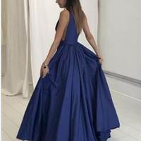 Sexy Prom Dress Evening Dress A-line Dark Navy Deep V-neck Backless Chiffon Long Prom Dresses Evening Dresses - Thumbnail 1
