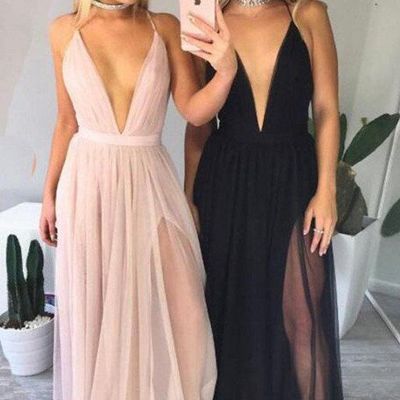 Sexy prom dress evening dress a-line light pink/black deep v-neck long evening dresses prom dresses