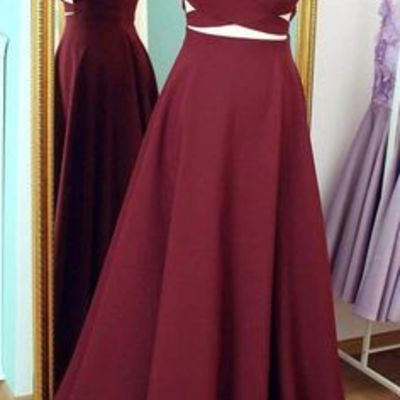 Sexy two pieces prom dress burgundy wine red spaghetti straps long 2 pieces prom dress party dress