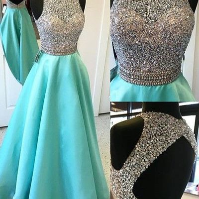 Keyhole back prom dress,sexy beaded hunter prom gown,halter neckline graduation dress