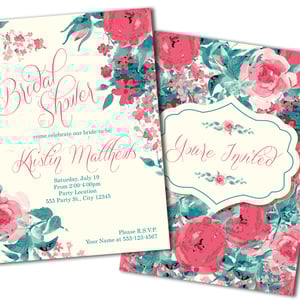 Peach, aqua floral bridal shower invitations - Thumbnail 2