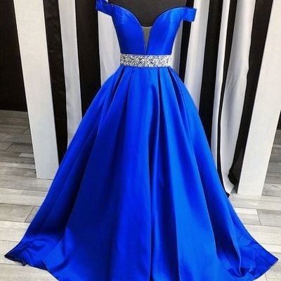 Elegant prom dress a-line royal blue off the shoulder beaded sash long evening dress prom dress party dress