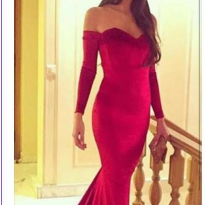 Elegant red prom dress mermaid sweetheart long sleeves satin evening dress prom dress evening gown