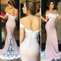 Pink off shoulder lace long prom dress,pink evening dresses - Thumbnail 1