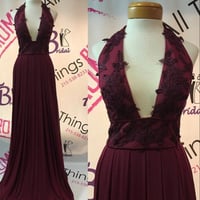 Burgundy lace v neck long prom dress,burgundy formal dresses - Thumbnail 1