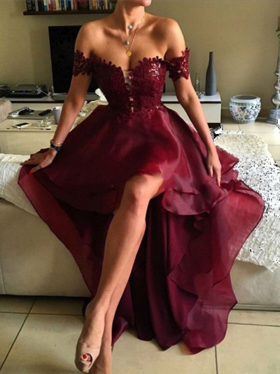 Stylish burgundy lace high low prom dress,burgundy formal dresses