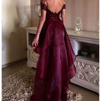 Stylish burgundy lace high low prom dress,burgundy formal dresses - Thumbnail 1