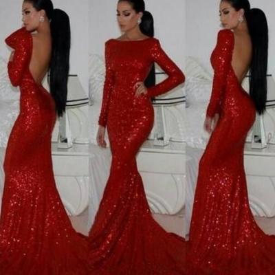 Luxury bling sparkle sexy prom dress evening dress mermaid red boat neck long sleeves sequins lace backless evening dresses prom dresses party dress - Thumbnail 5