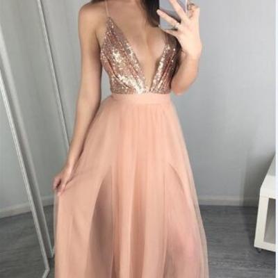 Sexy hot prom dress evening dress deep v-neck sequins top backless long pink prom dresses evening dresses prom gown - Thumbnail 5