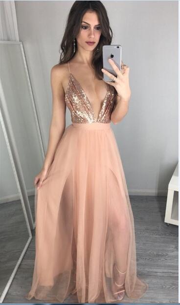 Sexy Hot Prom Dress Evening Dress Deep V-neck Sequins Top Backless Long Pink Prom Dresses Evening Dresses Prom Gown