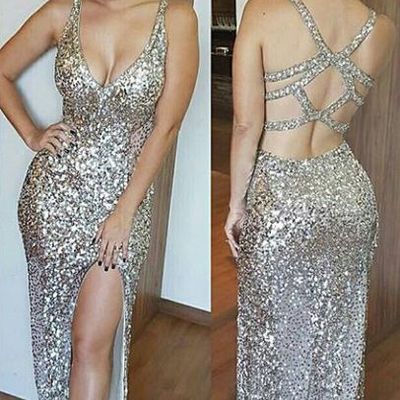 Luxury bling sparkle silver prom dress evening dress mermaid deep v-neck backless long prom dresses evening dresses party dress