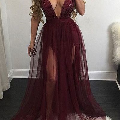 Sexy burgundy wine red prom dress evening dress a-line deep v-neck sequins top long prom dresses evening dresses party dress