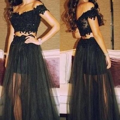 Sexy two pieces prom dress a-line black appliques bodice tulle long 2 pieces prom dress party dress 