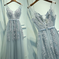 Gray lace v neck long prom dress,gray evening dresses - Thumbnail 1