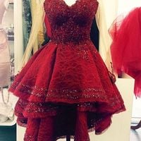 Cute maroon lace high low prom dress,homecoming dress - Thumbnail 1