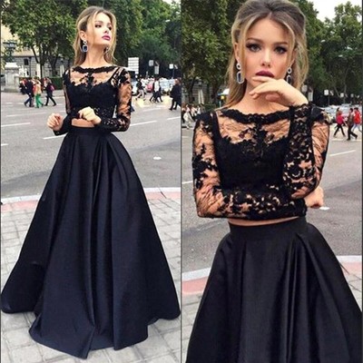 Elegant two pieces prom dress black lace top long 2 piece prom dress prom dresses party dress - Thumbnail 4